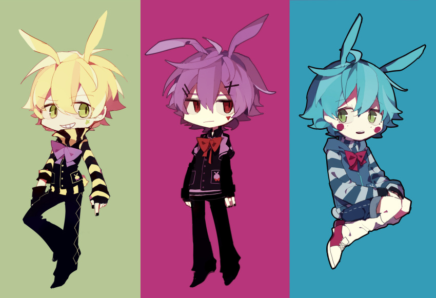 21336, 3boys, animal_ears, black_gloves, black_nails, black_vest, blonde_hair, blue_hair, blue_vest, blush_stickers, bonnie_(fnaf), bow, bowtie, chibi, chibi_only, closed_mouth, commentary, double-parted_bangs, english_commentary, eyes_visible_through_hair, facial_mark, fingerless_gloves, five_nights_at_freddy's, five_nights_at_freddy's_1, five_nights_at_freddy's_2, freckles, full_body, gloves, green_eyes, hair_between_eyes, hair_ornament, hairclip, high_collar, highres, hood, hooded_vest, hoodie, kneehighs, long_sleeves, multiple_boys, nail_polish, no_nose, open_mouth, parallel_hairclips, personification, pink_bow, pink_bowtie, purple_bow, purple_bowtie, purple_hair, rabbit_boy, rabbit_ears, red_bow, red_bowtie, red_eyes, red_shoes, shoes, short_hair, simple_background, sitting, smile, socks, spring_bonnie_(fnaf), star_(symbol), star_facial_mark, teeth, three-toned_background, toy_bonnie, triangle, triangle_facial_mark, upper_teeth_only, vest, white_socks, x_hair_ornament