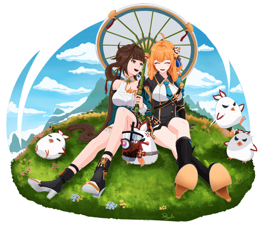 2girls, ahoge, brown_hair, closed_eyes, commentary, english_commentary, grass, highres