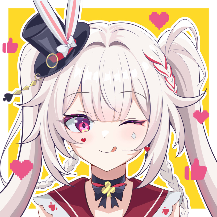 1girl, :p, ;p, black_hat, braid, butterfly-shaped_pupils, clothing_cutout, commentary