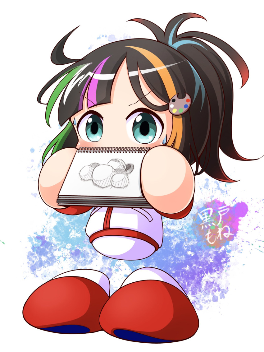 1girl, aqua_eyes, black_hair, blue_hair, commentary_request, drawing_(object), green_hair, hair_ornament