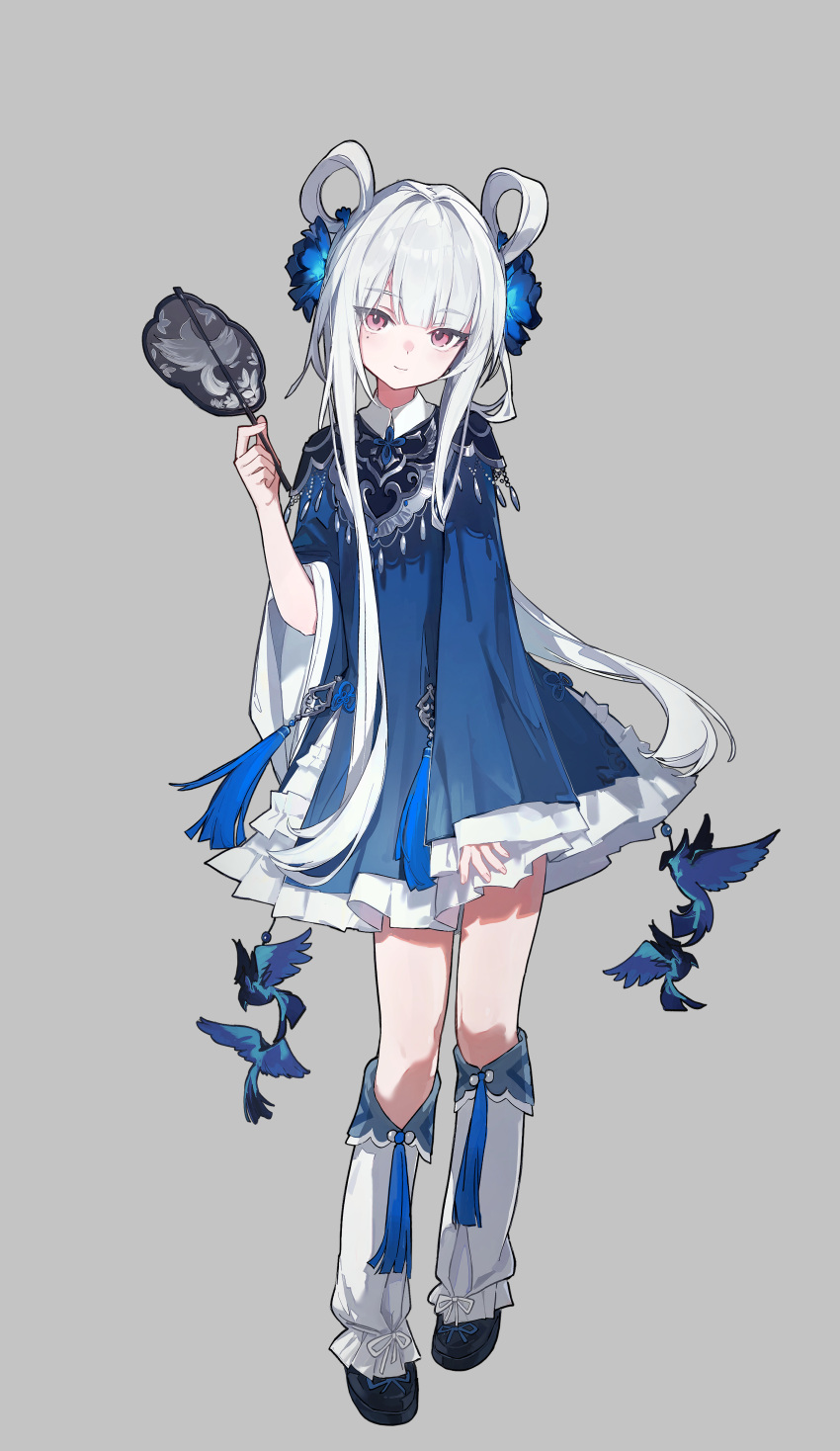 1girl, absurdres, blue_dress, character_request, check_object, chinese_commentary, choppy_bangs, closed_mouth