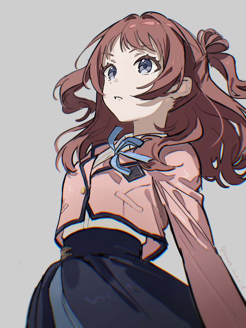 1girl, black_overskirt, blazer, blue_eyes, blue_ribbon, blush, brown_hair, commentary