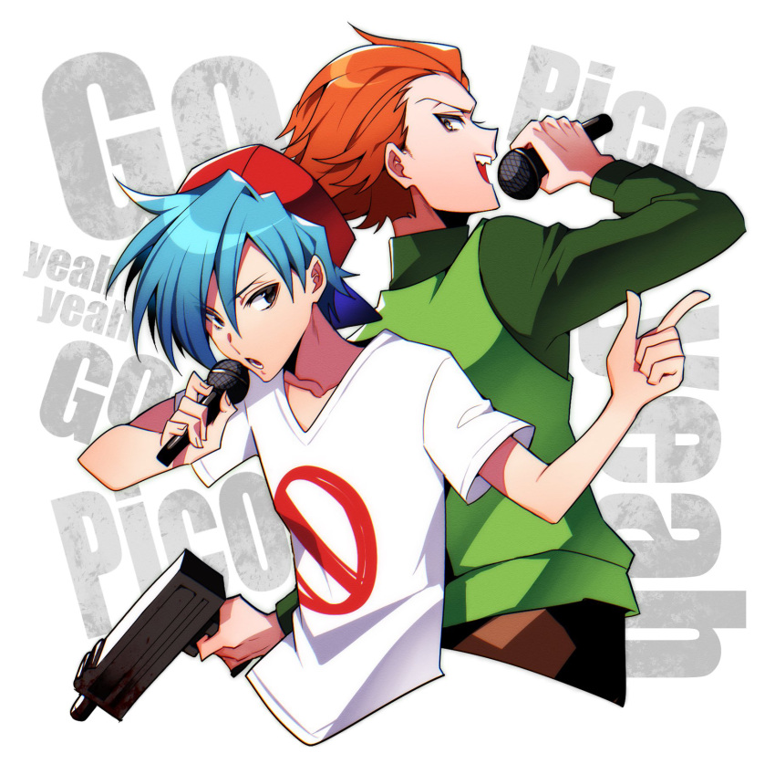 2boys, backwards_hat, black_eyes, blue_hair, boyfriend_(friday_night_funkin'), friday_night_funkin', green_shirt, gun