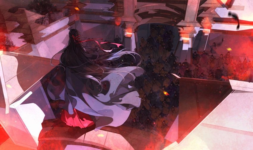 1boy, aa820733, architecture, black_hair, black_hanfu, building, chinese_clothes, commentary, crowd, east_asian_architecture, embers, facing_away, fire, floating_clothes, floating_hair, from_above, from_behind, full_body, grandmaster_of_demonic_cultivation, hair_down, hair_ribbon, half_updo, hanfu, highres, long_hair, long_sleeves, male_focus, official_alternate_hairstyle, pillar, red_ribbon, ribbon, robe, scenery, solo_focus, stairs, standing, untranslatable_commentary, very_long_hair, wei_wuxian, wei_wuxian_(yiling_laozu), wide_shot, wide_sleeves, wind