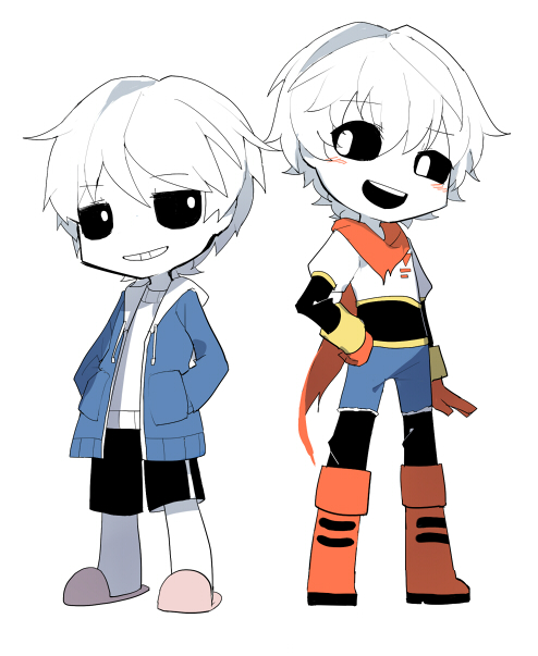 21336, 2girls, black_sclera, black_shorts, blue_hoodie, blue_shorts, blush, boots