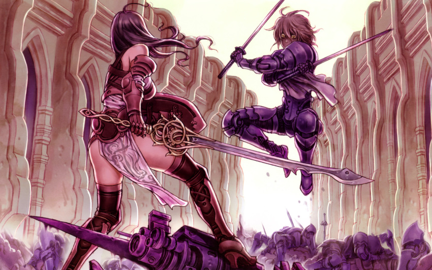2girls, armor, bare_shoulders, black_hair, boots, corpse, jumping, katana