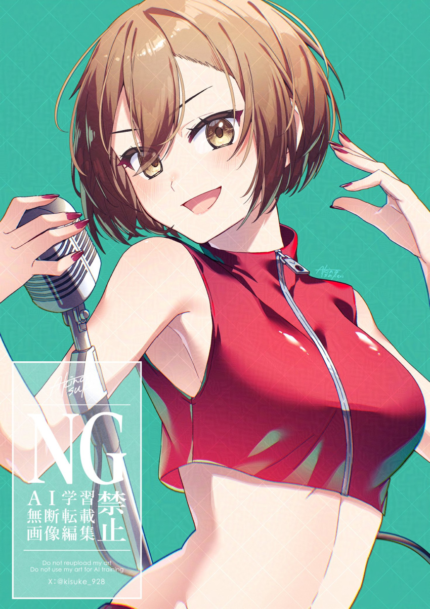 1girl, aqua_background, brown_eyes, brown_hair, cable, commentary, cropped_shirt, highres, holding, holding_microphone, kisuke_(nie), meiko_(vocaloid), microphone, microphone_stand, midriff, nail_polish, open_mouth, red_nails, red_shirt, shirt, signature, sleeveless, sleeveless_shirt, solo, vocaloid, zipper