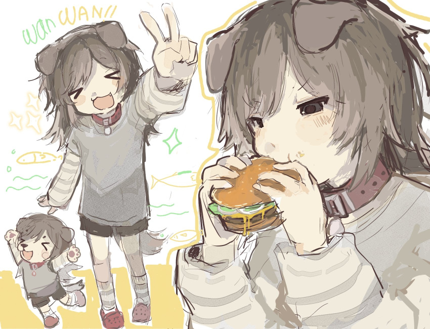 1girl, animal_ears, burger, collar, dog_ears, dog_girl, dog_tail, eating, food, highres, holding, holding_burger, holding_food, memmem594714, original, tail