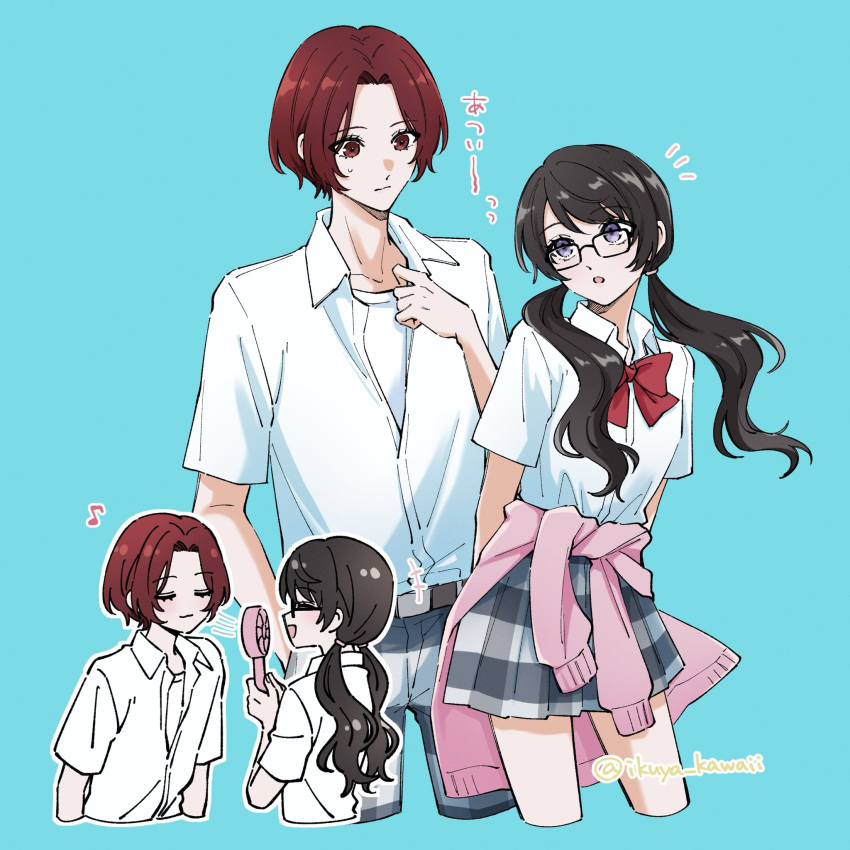 1boy, 1girl, black_hair, blue_background, bow, closed_eyes, clothes_around_waist, genderswap
