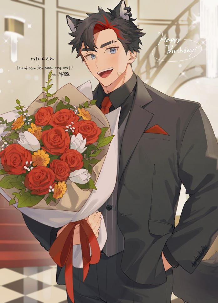 1boy, abs, animal_ears, black_hair, black_jacket, black_pants, black_shirt, black_suit