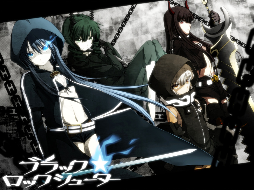 bikini_top, black_gold_saw, black_hair, black_rock_shooter, black_rock_shooter_(character), blue_eyes, chain, chains
