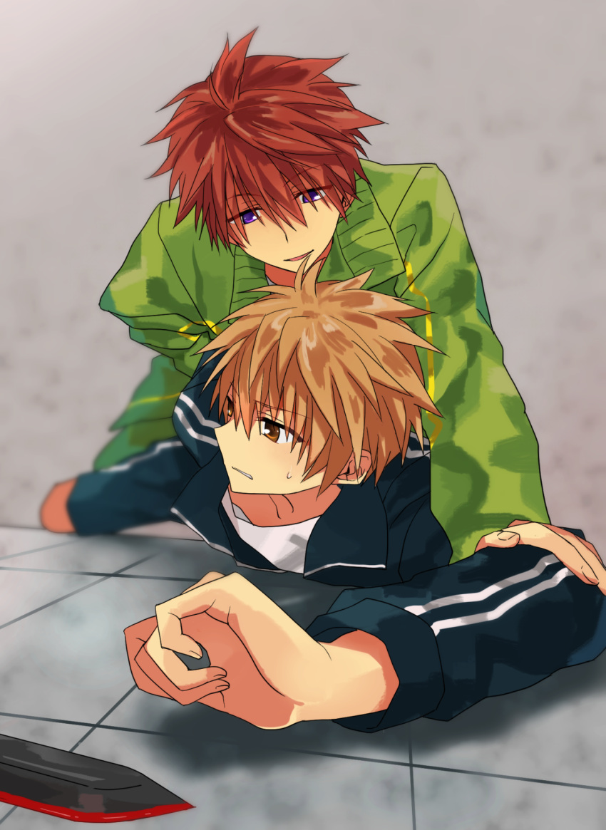 2boys, arm_behind_back, black_jacket, blurry, boy_on_top, clenched_hand, clenched_teeth, commentary_request