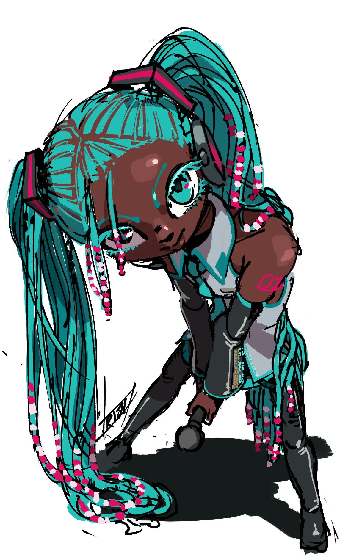 1girl, alternate_skin_color, aqua_eyes, aqua_hair, aqua_necktie, bare_shoulders, black_skirt, black_sleeves, blue_eyes, blue_hair, colored_eyelashes, commentary, dark-skinned_female, dark_skin, darkened_skin, detached_sleeves, english_commentary, freeform_miku, from_above, full_body, grey_shirt, hatsune_miku, headphones, highres, holding, holding_microphone, long_hair, looking_at_viewer, looking_up, microphone, necktie, number_tattoo, riji_monogatari, shirt, skirt, sleeveless, sleeveless_shirt, solo, tattoo, twintails, very_dark_skin, very_long_hair, vocaloid