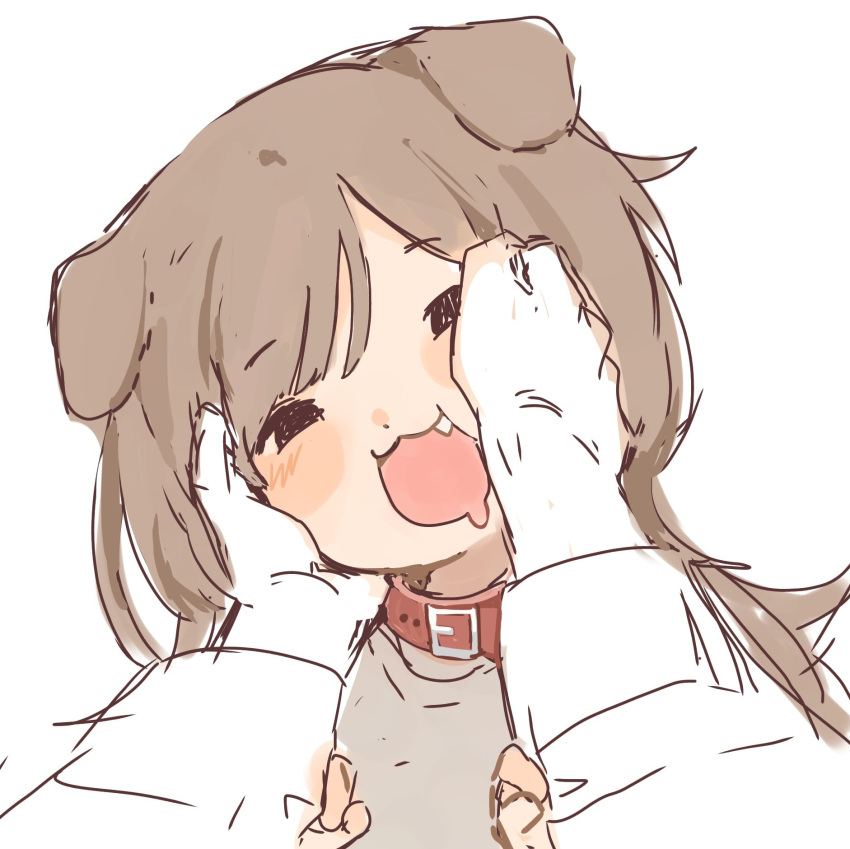 1girl, 1other, animal_ears, brown_hair, collar, dog_ears, dog_girl, hands_on_another's_face, hands_on_another's_head, happy, highres, looking_at_viewer, memmem594714, original, pov, pov_hands, shirt