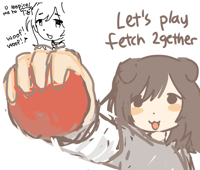 1girl, animal_ears, archived_source, ball, brown_hair, collar, dog_ears, dog_girl, highres, holding, holding_ball, looking_at_viewer, memmem594714, original, white_background