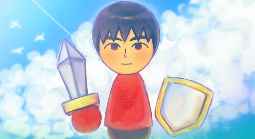 1boy, :|, aircraft, airplane, bird, black_eyes, black_hair, blue_sky, closed_mouth, clouds, cloudy_sky, day, emu528, expressionless, guest_c_(mii), handheld_game_console, highres, looking_at_viewer, male_focus, mii_(nintendo), nintendo, nintendo_3ds, red_shirt, shield, shirt, short_hair, sky, solo, sword, weapon