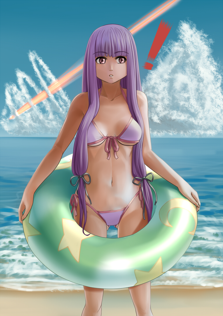 1girl, beach, bikini, breasts, colony_drop, energy_beam, front-tie_top, hair_ribbon, innertube, long_hair, master_spark, ocean, patchouli_knowledge, purple_bikini, purple_eyes, purple_hair, raybar, ribbon, side-tie_bikini, solo, swimsuit, touhou, under_boob, underboob, violet_eyes, water