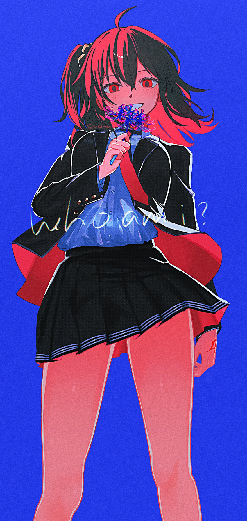 absurdres, black_skirt, blue_background, commentary_request, cowboy_shot, english_text, fate/grand_order, fate_(series)