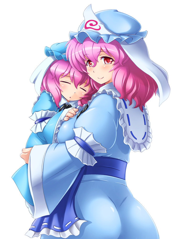 2girls, age_difference, arm_ribbon, ass, bangs, blue_dress, blue_eyes, blush, breast_grab, breasts, capelet, carrying, child, dimples_of_venus, dress, from_behind, hand_on_another's_chest, hand_on_chest, hat, hips, japanese_clothes, kimono, ko-yuyuko, large_breasts, long_sleeves, looking_at_viewer, looking_back, mother_and_daughter, multiple_girls, obi, pink_eyes, pink_hair, saigyouji_yuyuko, sash, shin'en_(gyokuro_company), short_hair, simple_background, sleeping, smile, standing, touhou, veil, wavy_hair, white_background, wide_sleeves