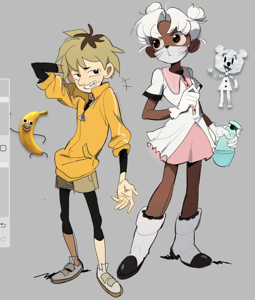 1boy, 1girl, 2girls, arm_behind_head, arrcticc_fish, artist_self-insert, banana, banana_joe_(tawog)