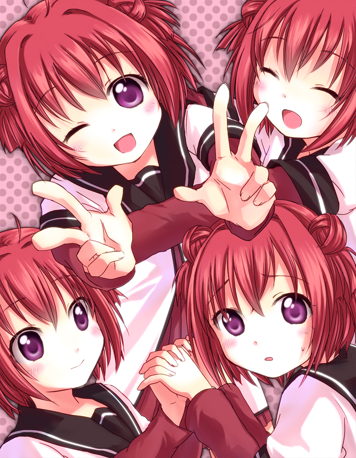 akaza_akari, azumaya_kureha, blush, closed_eyes, double_bun, double_v, eyes_closed, hand_holding