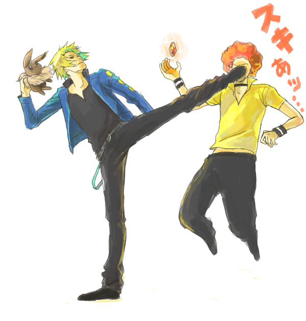 afro, blonde_hair, denji_(pokemon), eevee, evolutionary_stone, fire_stone, kicking, multiple_boys