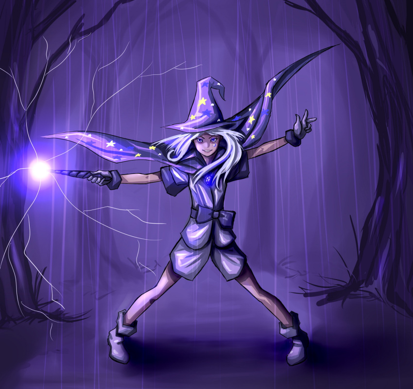blue_hair, boots, cape, electricity, gem, gloves, glowing, hat, highres, long_hair, my_little_pony, my_little_pony:_friendship_is_magic, my_little_pony_friendship_is_magic, night, personification, purple, purple_background, purple_eyes, rain, solo, trixie_(my_little_pony), trixie_lunamoon, violet_eyes, wand, wizard_hat