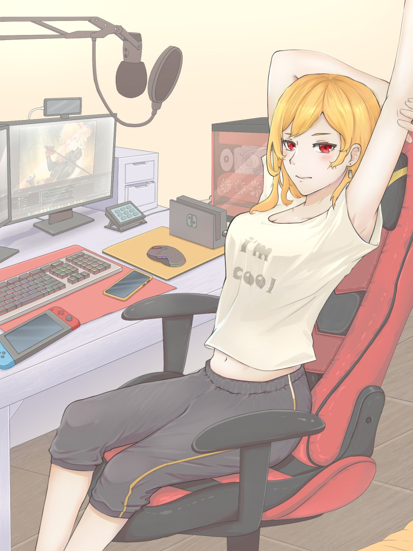 1girl, blonde_hair, cellphone, chair, computer, computer_keyboard, computer_mouse, computer_tower