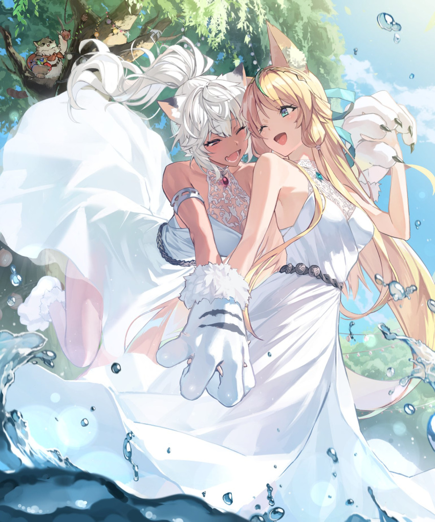 2girls, animal_ears, animal_hands, black_pantyhose, blonde_hair, commentary_request, dark-skinned_female, dark_skin