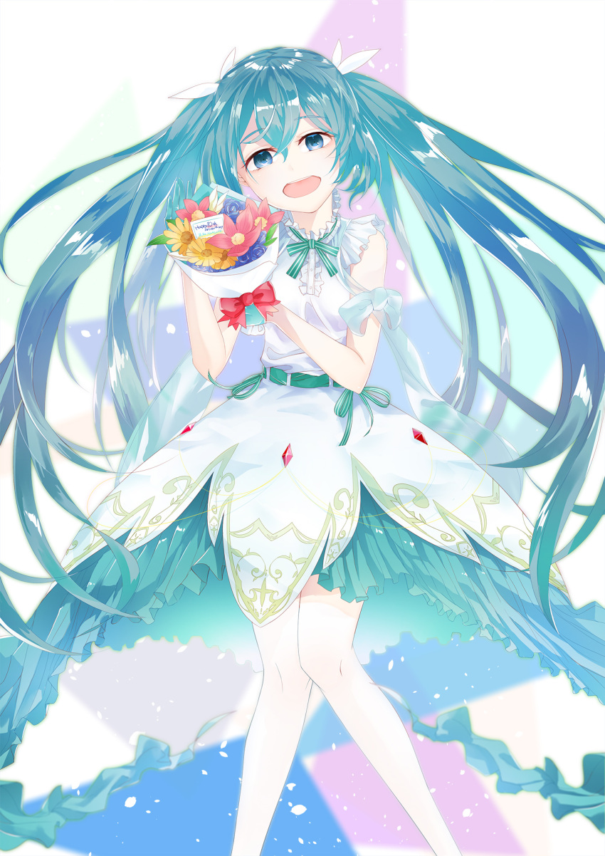 :d, aqua_eyes, aqua_hair, blue_flower, bouquet, bow, buttons, collar, commentary_request, dress, english_text, feet_out_of_frame, flower, frilled_collar, frilled_dress, frilled_sleeves, frills, green_bow, hair_between_eyes, hatsune_miku, highres, holding, holding_bouquet, legs, long_hair, looking_at_viewer, multicolored_bow, open_mouth, red_bow, red_flower, simple_background, sleeveless, smile, striped_bow, sunsirou, teeth, thighs, tongue, twintails, upper_teeth_only, very_long_hair, vocaloid, white_background, white_bow, yellow_flower