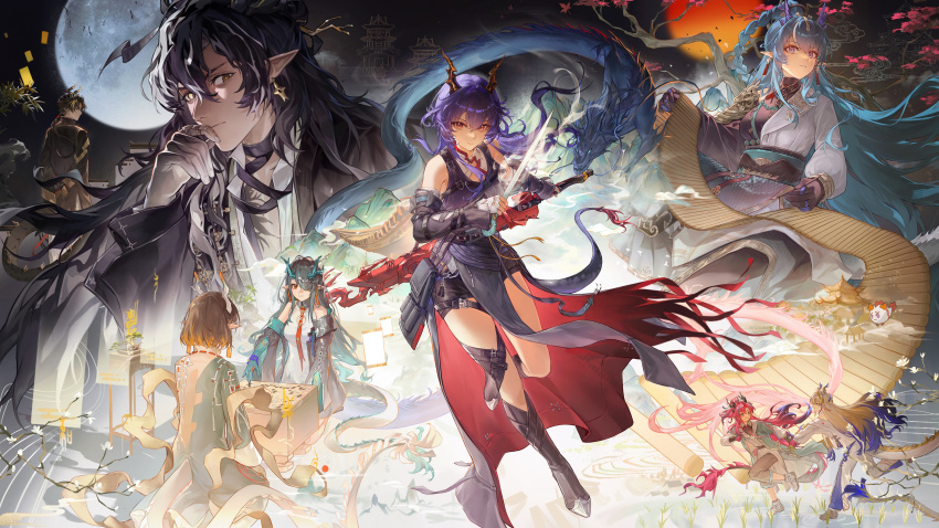 3boys, 4girls, absurdres, aqua_hair, architecture, arknights, asymmetrical_dual_wielding, bead_bracelet