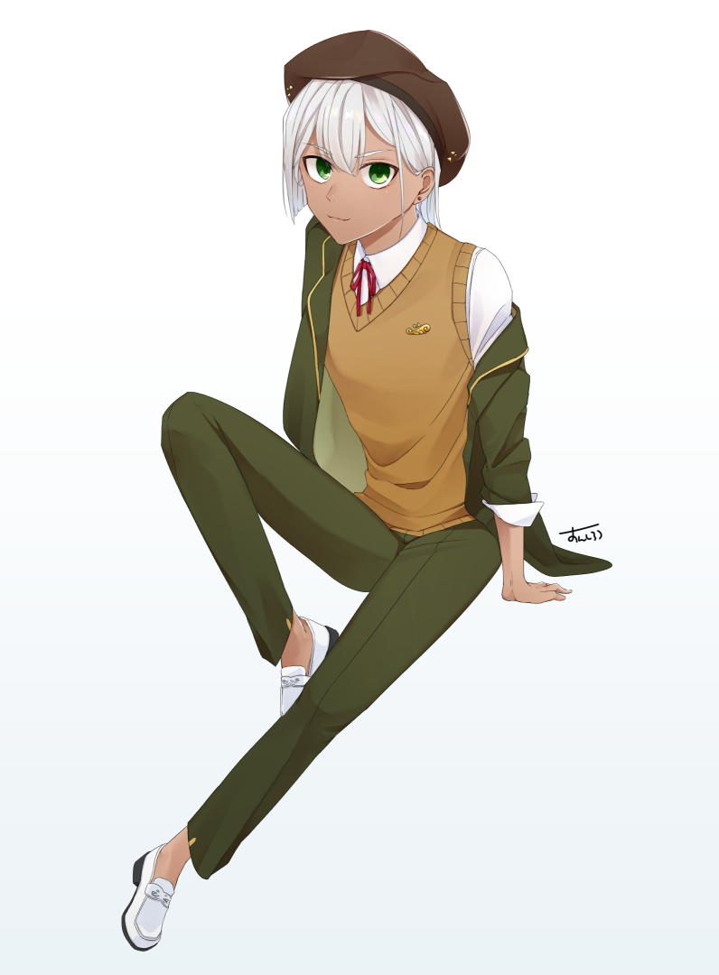 1girl, black_hat, brown_vest, collared_shirt, commentary_request, dark-skinned_male, dark_skin, earrings