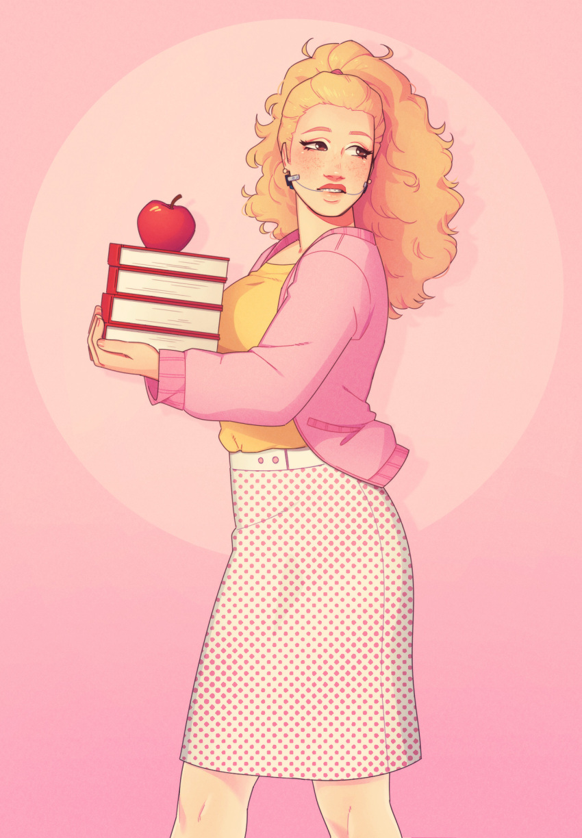 1boy, apple, blonde_hair, book, braces, crossdressing, drag_queen, eyelashes