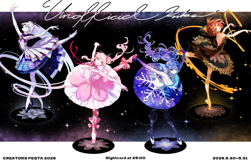 25-ji_nightcord_de._(project_sekai), 4girls, absurdly_long_hair, absurdres, akiyama_mizuki, asahina_mafuyu, athletic_leotard, autumn, back, ballerina, ballet_dress, ballet_slippers, barefoot, black_dress, blue_eyes, blue_hair, blue_pantyhose, blue_skirt, border, bow, bow_choker, bracelet, braid, breasts, buttons, chest_jewel, choker, collar, commentary_request, criss-cross_halter, crown_braid, dancing, dated, dress, earrings, flower_dress, glitter, glitter_dress, gold_trim, hair_around_own_leg, hair_between_eyes, hair_bun, hair_intakes, hair_ornament, halter_dress, halterneck, high_heels, highres, holding, holding_brush, ink_on_body, ink_trail, jewelry, kika, large_breasts, leaning_forward, leotard, long_hair, long_single_sidelock, looking_at_viewer, looking_down, looking_up, medium_breasts, medium_hair, multiple_girls, musical_note, musical_note_print, no_shoes, official_art, orange_eyes, outstretched_arms, paintbrush, pantyhose, parted_lips, pearl_hair_ornament, pink_eyes, pink_hair, ponytail, profile, project_sekai, promotional_art, raised_eyebrow, red_hair, ribbon_legwear, shinonome_ena, single_side_bun, skirt, small_breasts, snowflake_ornament, sparkle, spring_(season), standing, standing_on_one_leg, star_(sky), star_(symbol), summer, swept_bangs, tiptoes, very_long_hair, wavy_bangs, wavy_hair, wavy_sidelocks, white_border, white_dress, white_hair, winter, yoisaki_kanade