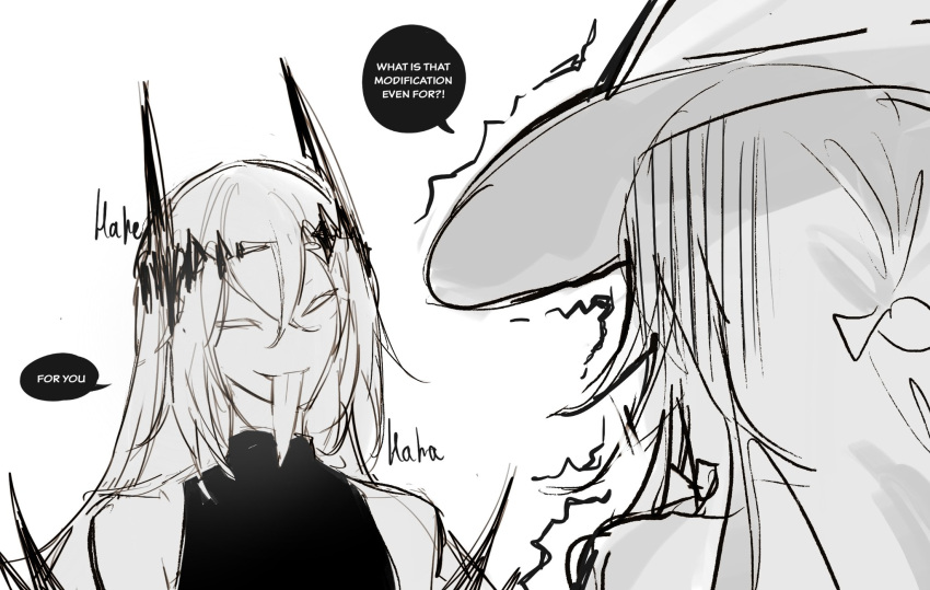 1nuyaki, 2girls, english_text, greyscale, hair_between_eyes, hat, herta_(honkai:_star_rail), highres