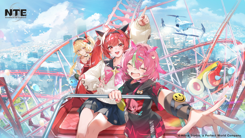3girls, absurdres, akane_rin_(nte), animal_ears, blonde_hair, blue_sky, carousel, cat_ears