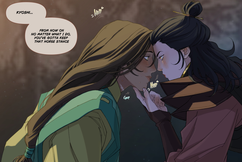 2girls, avatar_legends, black_hair, brown_hair, commentary, english_commentary, english_text, freckles