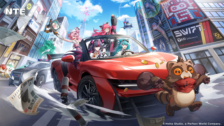 >_<, +_+, 4girls, 4others, @_@, absurdres, animal_ear_fluff, aqua_hair, billboard, black_hair, black_halo, black_necktie, car, cat_girl, chiz_(nte), city, coin, commentary, company_name, convertible, copyright_name, copyright_notice, danzaburou_(nte), day, dragon_girl, dragon_horns, dress, driving, english_commentary, eyewear_on_head, glasses, gold_coin, halo, highres, horns, mint_(nte), money_bag, motor_vehicle, multicolored_hair, multicolored_halo, multicolored_horns, multiple_girls, multiple_others, nanally_(nte), necktie, neverness_to_everness, newspaper, nurse_dress, official_art, open_mouth, pink_dress, pink_eyes, pink_streaks, police_car, purple_horns, red_car, red_hair, round_eyewear, shinku_(nte), shirt, streaked_hair, sun_glare, taygedo_(nte), two-tone_halo, vehicle_chase, white_halo, white_shirt