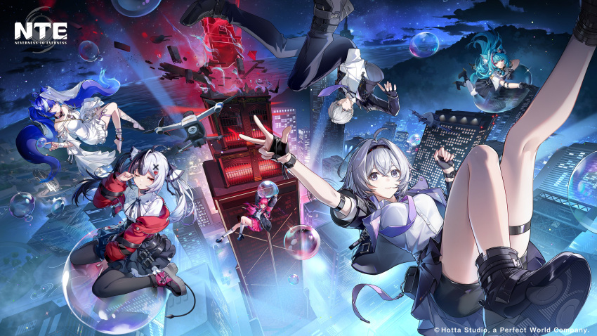 1boy, 5girls, absurdres, aqua_hair, black_hair, breasts, bubble, cat_girl