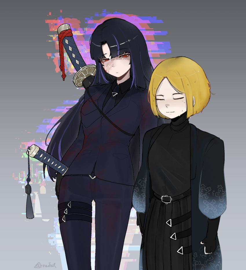 1boy, 1girl, black_gloves, black_hair, black_robe, black_shirt, blonde_hair, blue_jacket, blue_necktie, blue_pants, blue_streaks, blue_suit, breadiwe, collared_shirt, commentary, english_commentary, gloves, highres, holding, holding_sword, holding_weapon, jacket, limbus_company, long_hair, multicolored_hair, necktie, nervous_sweating, ootachi, pants, pinky_(identity)_(project_moon), project_moon, red_eyes, robe, ryoshu_(project_moon), shirt, short_hair, sinclair_(project_moon), streaked_hair, suit, sweat, sweatdrop, sword, weapon