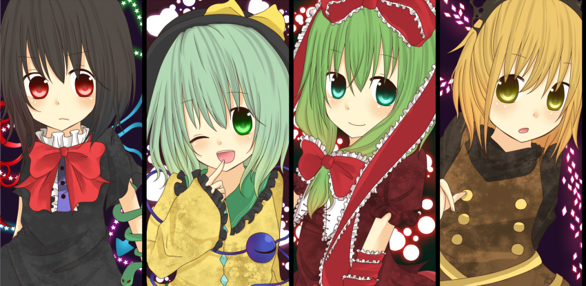 asymmetrical_wings, black_hair, blonde_hair, bun_no_ji, comic, frills, green_eyes, green_hair