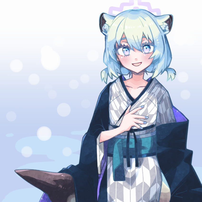 1girl, :d, abstract_background, absurdres, alternate_costume, alternate_hairstyle, amatsuba8586, animal_ear_fluff, animal_ears, bath_yukata, blue_archive, blue_background, blue_eyes, blue_hair, blue_halo, blue_haori, blue_kimono, blue_nails, collarbone, commentary_request, facing_viewer, gradient_eyes, halo, haori, highres, japanese_clothes, kimono, long_sleeves, looking_at_viewer, medium_hair, multicolored_eyes, obi, open_mouth, sash, shigure_(blue_archive), shigure_(hot_spring)_(blue_archive), short_twintails, smile, solo, twintails, violet_eyes, weasel_ears, weasel_girl, yukata