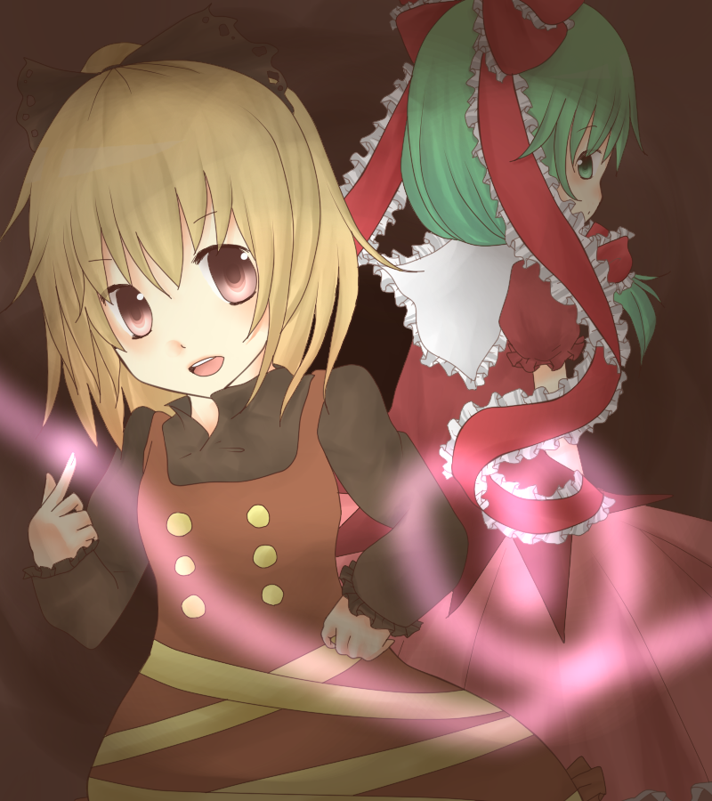 2girls, blonde_hair, brown_eyes, bun_no_ji, dress, frills, green_eyes, green_hair