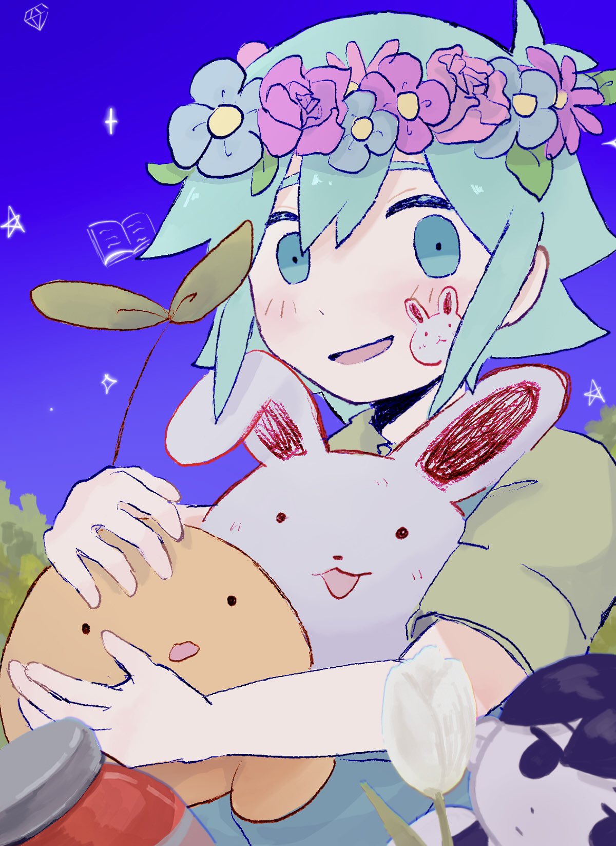 1boy, amecandle_143, antenna_hair, basil_(headspace)_(omori), basil_(omori), blue_overalls, blush, colored_skin