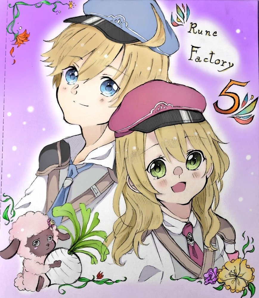 1boy, 1girl, alice_(rune_factory), ares_(rune_factory), blonde_hair, blue_eyes, blue_hat, commentary_request, copyright_name, green_eyes, hat, long_hair, looking_at_viewer, nanashifactory, open_mouth, rune_factory, rune_factory_5, sheep, short_hair, smile