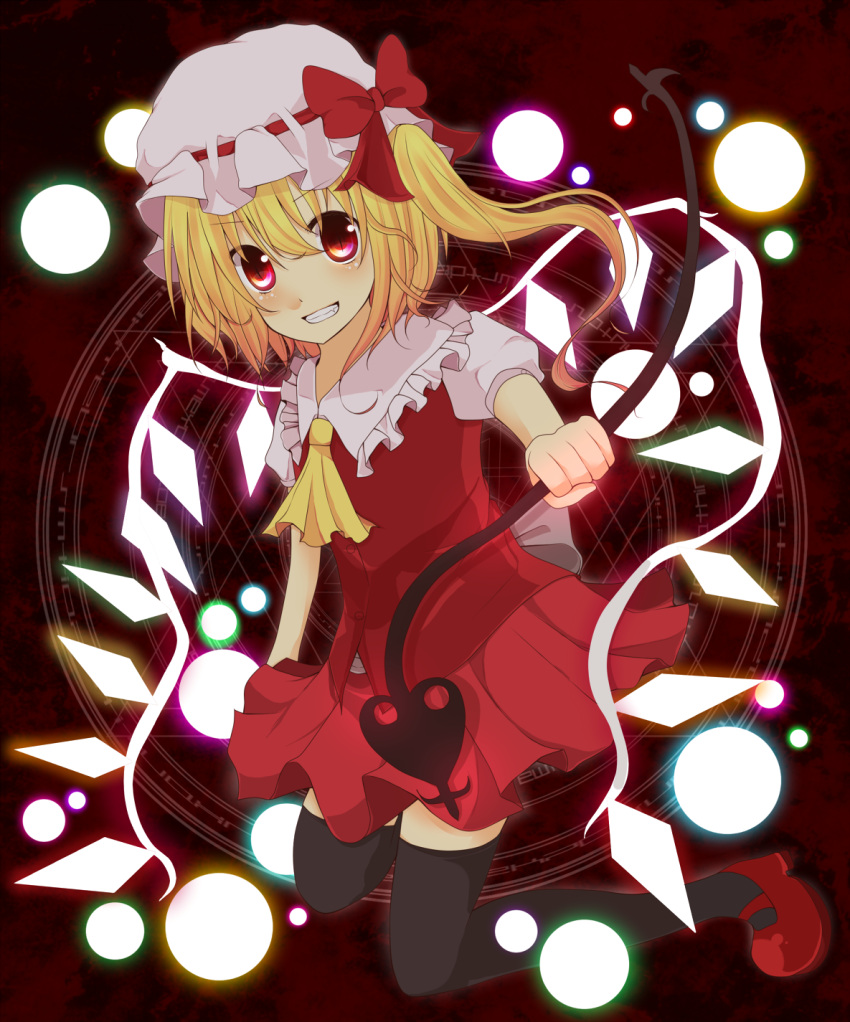 black_legwear, blonde_hair, bun_no_ji, flandre_scarlet, hat, highres, red_eyes, side_ponytail