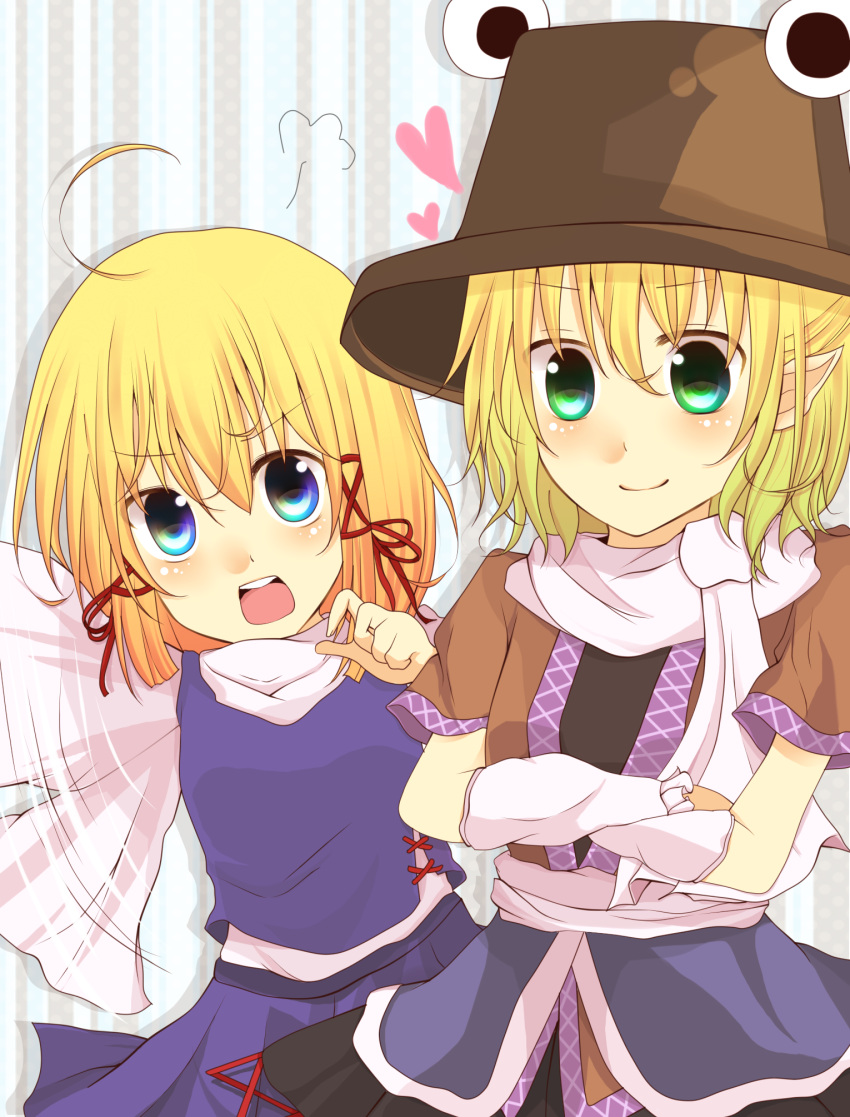 ahoge, angry, aqua_eyes, blonde_hair, bun_no_ji, green_eyes, hair_ornament, hat
