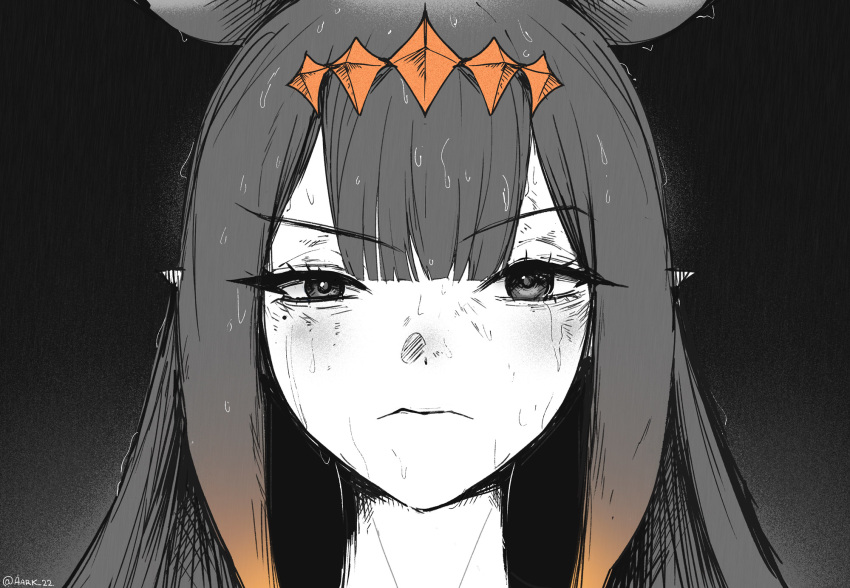 1girl, aark_22, chainsaw_man, closed_mouth, commentary, diamond_hairband, gradient_hair, greyscale