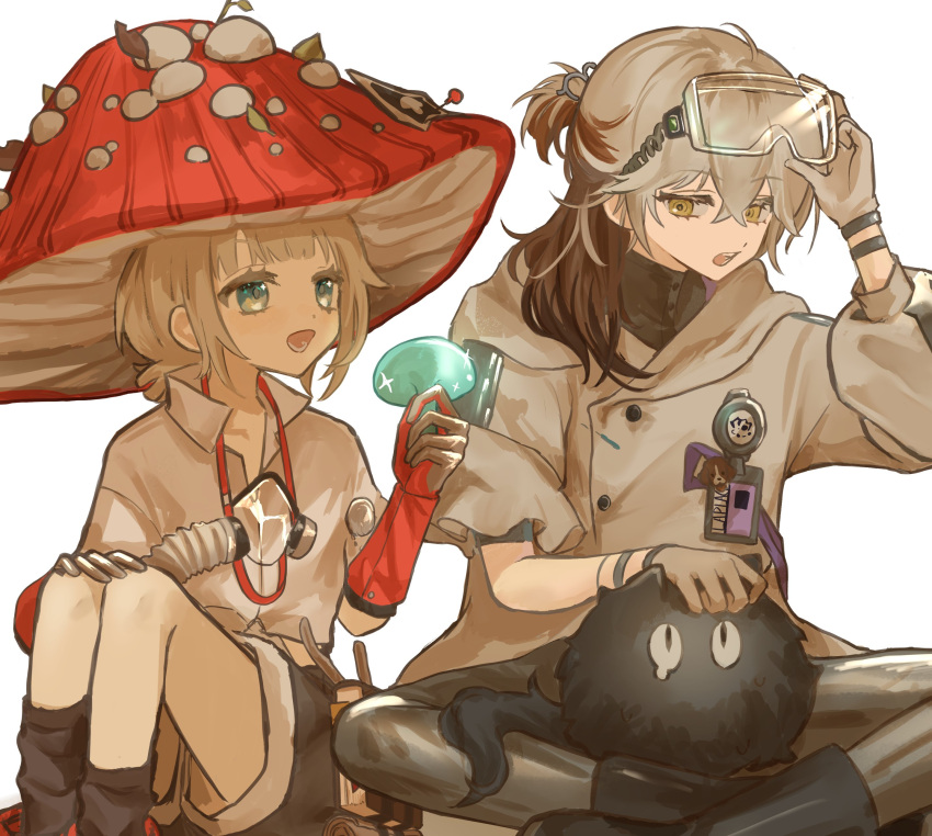 1boy, 1other, :d, absurdres, adjusting_eyewear, blonde_hair, blue_eyes, brown_hair