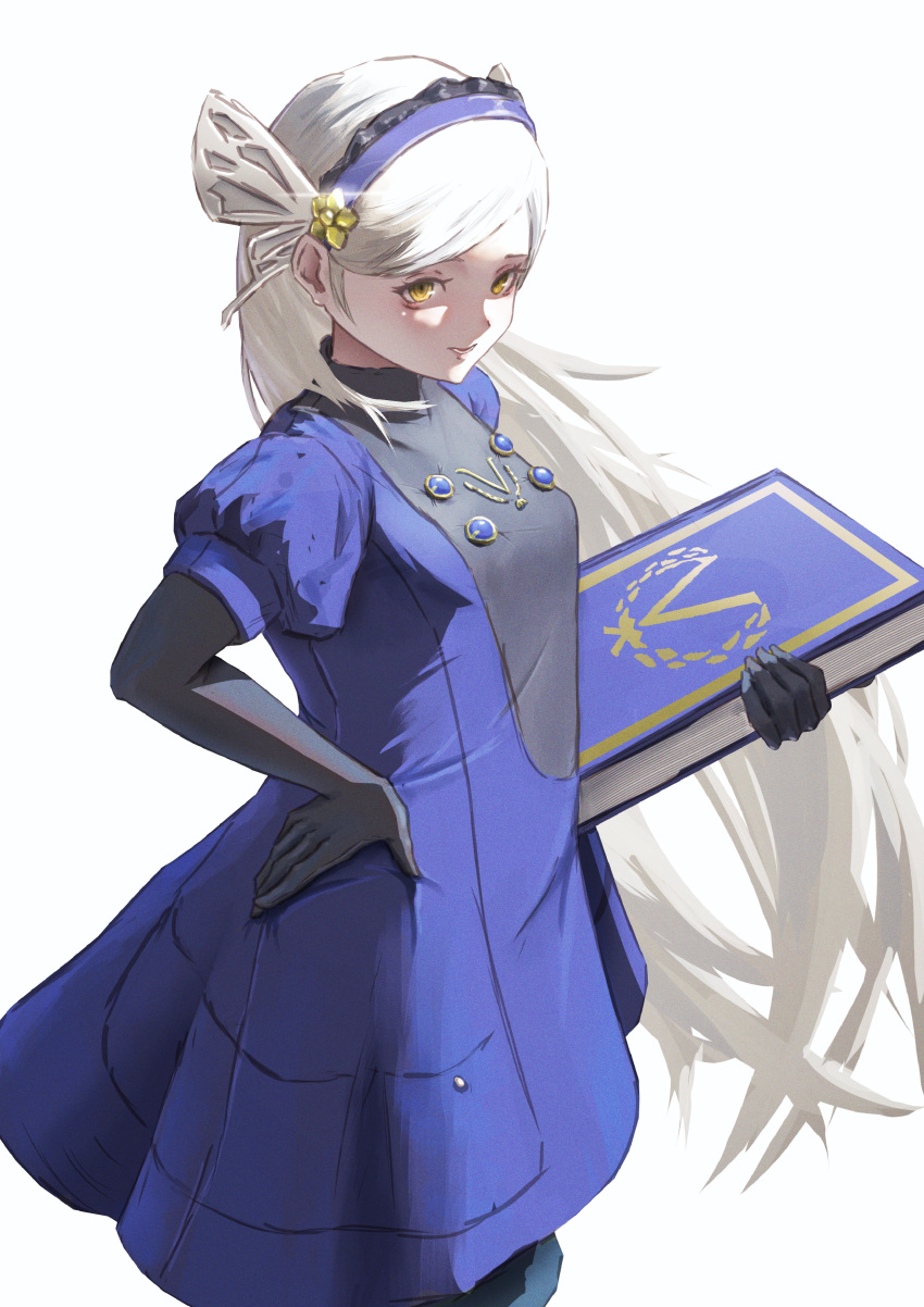1girl, absurdres, black_gloves, blue_dress, blue_hairband, book, breasts, butterfly_hair_ornament, commentary_request, dress, elbow_gloves, gloves, grey_hair, hair_ornament, hairband, hand_on_own_hip, highres, holding, holding_book, lavenza_(persona_5), long_hair, looking_at_viewer, persona, persona_5, puffy_short_sleeves, puffy_sleeves, rurara987, short_sleeves, simple_background, solo, swept_bangs, white_background, yellow_eyes